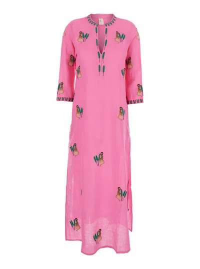 NIMO WITH LOVE MULTICOLOR CAFTAN WITH V-NECKLINE AND ALL-OVER APPLIED EMBROIDERY IN LINEN WOMAN