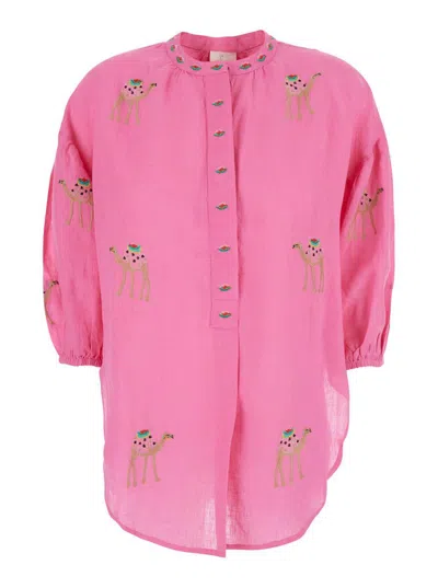 Nimo With Love Pink Blouse With Round Neckline And All-over Applied Embroidery In Linen Woman