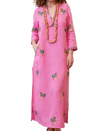 Nimo With Love Sapphire Long Linen Kaftan In Pink/monkey