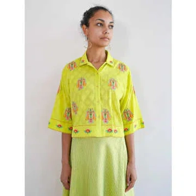 Nimo With Love Thyme Blouse Parrot Embroidery On Lime Jacquard In Green