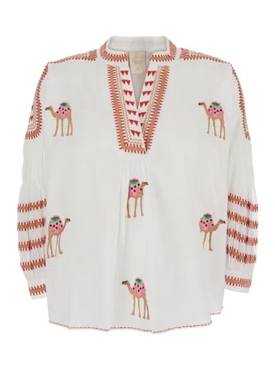 Nimo With Love White Blouse With All-over Applied Embroidery And Pleat Details In Cotton Woman