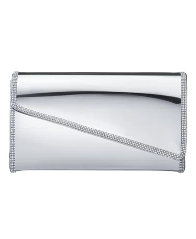 Nina Asymmetrical Flap Crystal Trim Mirror Metallic Clutch In Silver