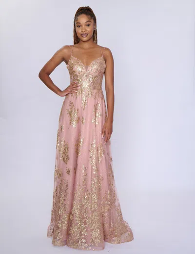 Nina Canacci 1589 A Line Long Formal Prom Glitter Dress In Gold