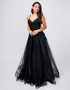 Nina Canacci 3262 A Line Slit Lace Sequin Prom Dress In Black