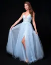 Nina Canacci 4421 A Line Long Lace Formal Prom Dress In Blue