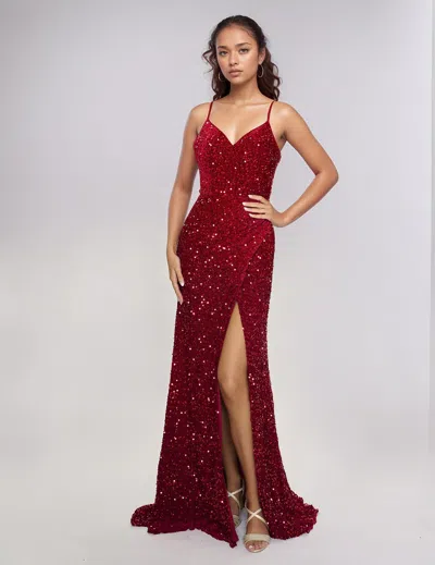 Nina Canacci 5302 Long Fitted Formal Sequin Prom Dress In Burgundy
