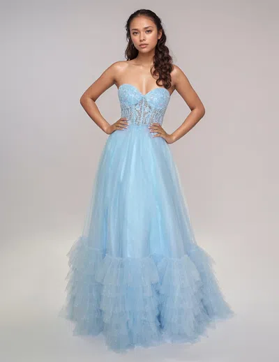 Nina Canacci 5308 A Line Long Formal Prom Ruffle Dress In Blue