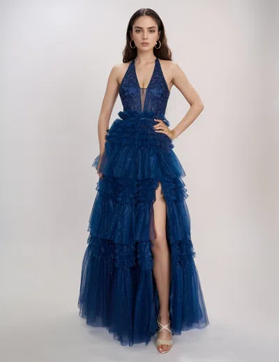 Nina Canacci 5309 Long Layered Formal Prom Ruffle Slit Dress In Blue