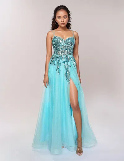 Nina Canacci 6630 Long Slit Formal Prom Beaded Dress In Blue