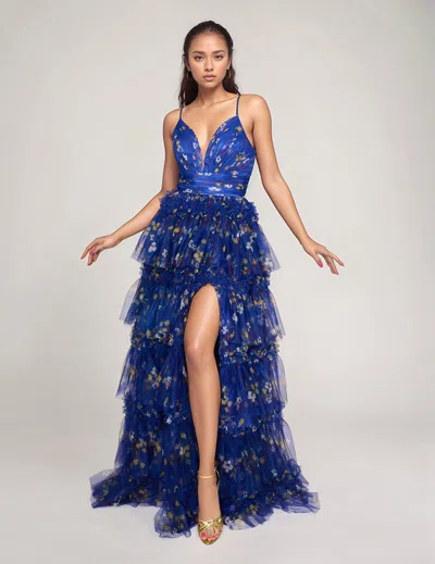 Nina Canacci 7601 Prom Long Formal Floral Print Dress In Blue