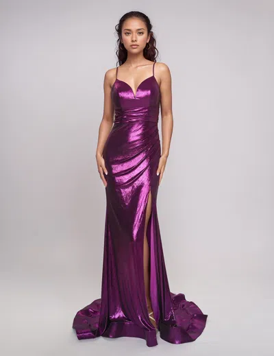 Nina Canacci 7605 Long Slit Formal Prom Metallic Dress In Purple