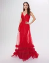 Nina Canacci 7607 Overskirt Long A Line Formal Ruffle Sequin Prom Dress In Red