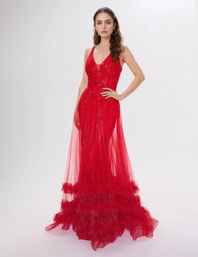 Nina Canacci 7607 Overskirt Long A Line Formal Ruffle Sequin Prom Dress In Red