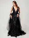 Nina Canacci 8224 Long Sequin Prom Formal Overskirt Feather Dress In Black