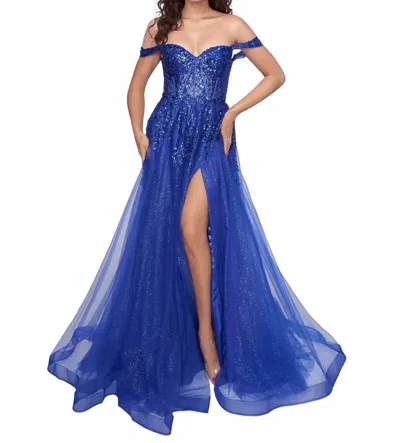 Nina Canacci Long Glitter Formal Prom Slit Dress In Royal In Blue
