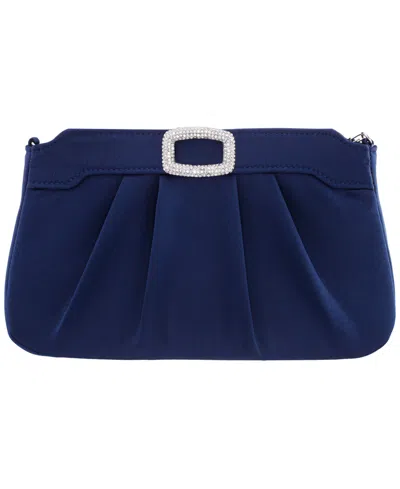 Nina Crystal Buckle Ornament Top Zipper Small Clutch Handbag In Blue
