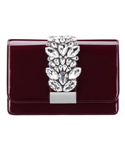 Nina Crystal Embellished Patent Flap Clutch In Bordeaux