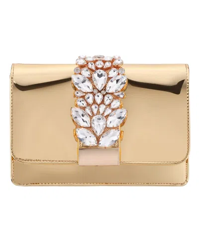Nina Crystal Embellished Patent Flap Clutch In Gold