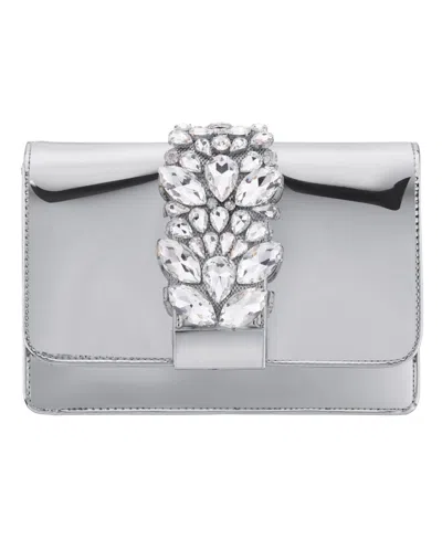 Nina Crystal Embellished Patent Flap Clutch In Silver