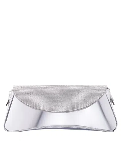 Nina Crystal Flap Mirror Metallic Patent Clutch Bag In Silver