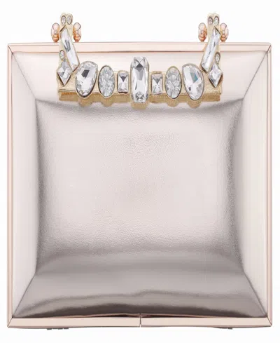 Nina Crystal Handle Lift Lock Clutch In Silver