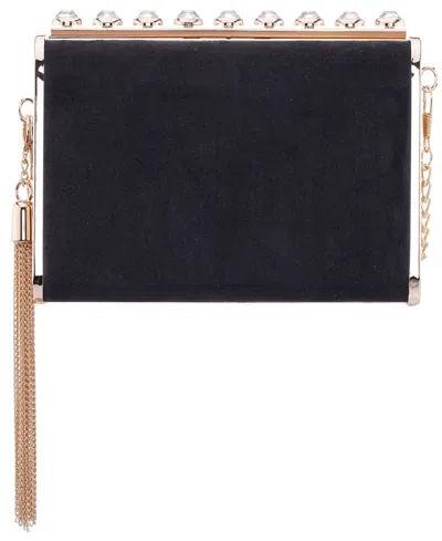 Nina Crystal Ornamented Minaudiere Tassel Lift Lock Clutch In Black
