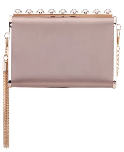 Nina Crystal Ornamented Minaudiere Tassel Lift Lock Clutch In Brown