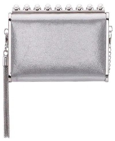 Nina Crystal Ornamented Minaudiere Tassel Lift Lock Clutch In Silver