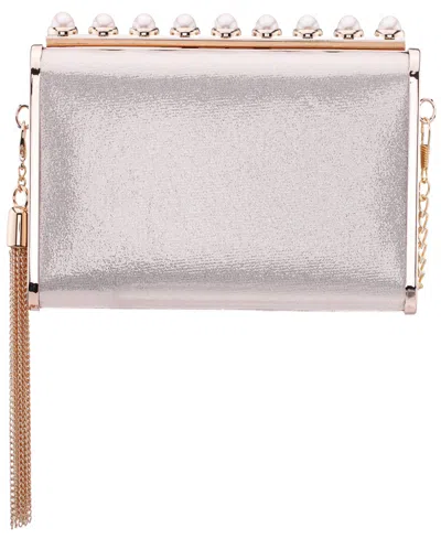 Nina Crystal Ornamented Minaudiere Tassel Lift Lock Clutch In Silver