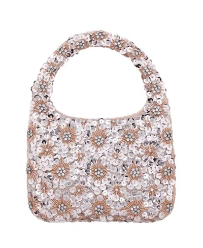Nina Floral Patterned Sequin Hobo Bag In Platino