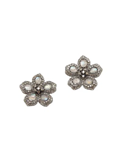 Nina Gilin Women's Black Rhodium-plated, Labradorite & Diamond Flower Cluster Stud Earrings In Silver