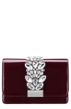 Nina Crystal Embellished Patent Flap Clutch In Bordeaux