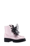 Nina Kids' Tink Crystal Mesh Bow Glitter Combat Boot In Pink