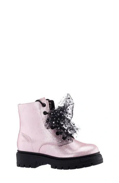 Nina Kids' Tink Crystal Mesh Bow Glitter Combat Boot In Pink