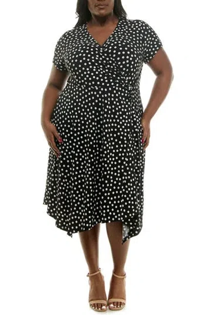 Nina Leonard Asymmetric Midi Dress In Black/vanilla Ice