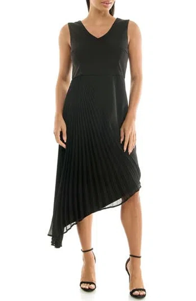 Nina Leonard Asymmetric Pleated Midi Dress In Black