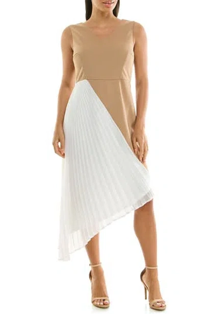 Nina Leonard Asymmetric Pleated Midi Dress In Multi