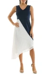 Nina Leonard Asymmetric Pleated Midi Dress In Navy/ivory