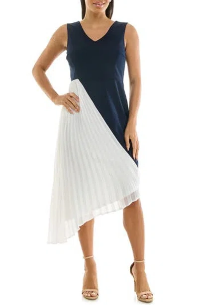 Nina Leonard Asymmetric Pleated Midi Dress In Navy/ivory