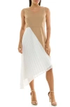 Nina Leonard Asymmetric Pleated Midi Dress In Tan/ivory