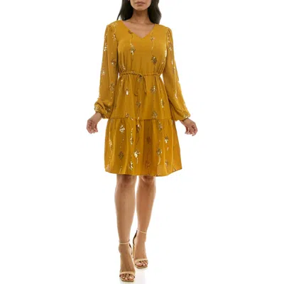 Nina Leonard Balloon Sleeve Drawstring Minidress In Gold