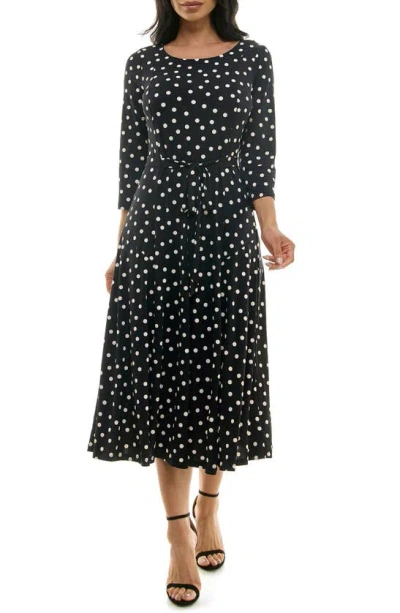 Nina Leonard Boat Neck Midi Dress In Black/white Dot