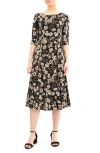 Nina Leonard Boat Neck Midi Dress In Brown/white