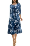 Nina Leonard Boat Neck Midi Dress In Denim/ Blue/ Ivory