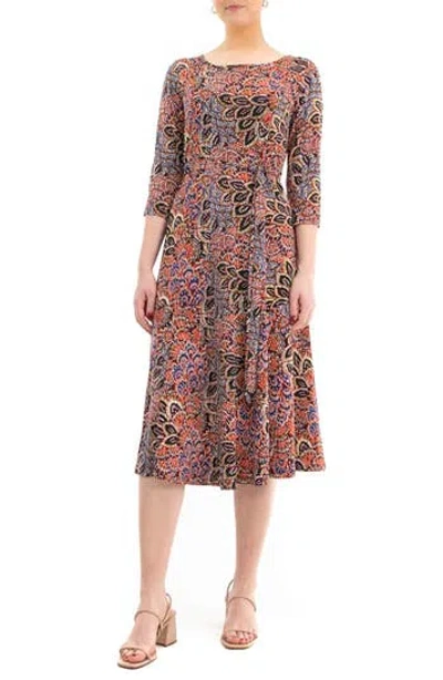 Nina Leonard Boat Neck Midi Dress In Rust Multi