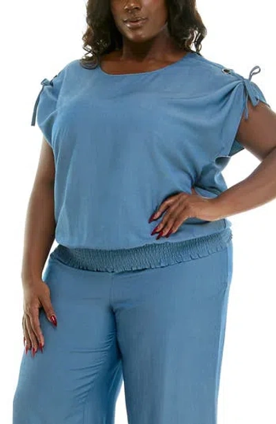Nina Leonard Cap Sleeve Eyelet Top In Mid Blue