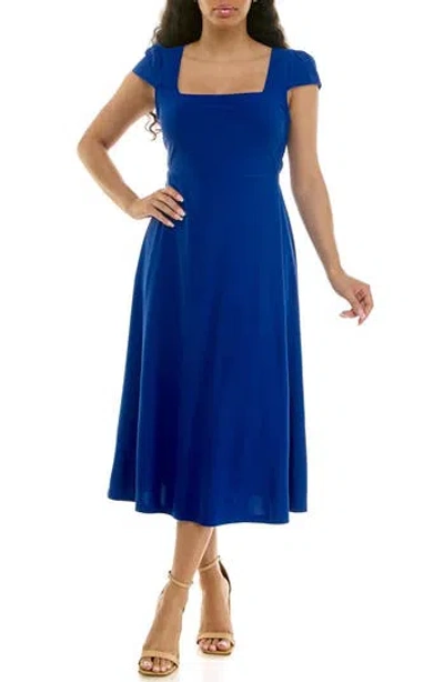 Nina Leonard Cap Sleeve Fit & Flare Dress In Blue