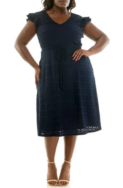 Nina Leonard Cap Sleeve Lace Fit & Flare Dress In Navy