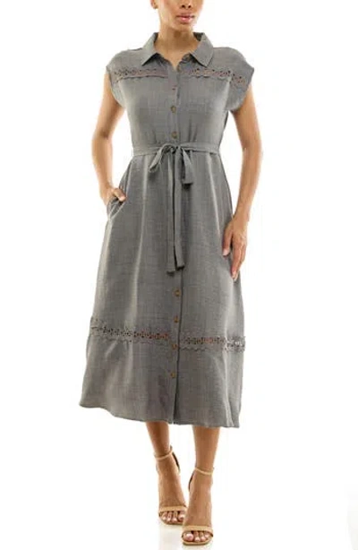 Nina Leonard Cap Sleeve Lace Trim Midi Shirtdress In Gray
