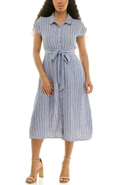 Nina Leonard Cap Sleeve Shirtdress In Blue
